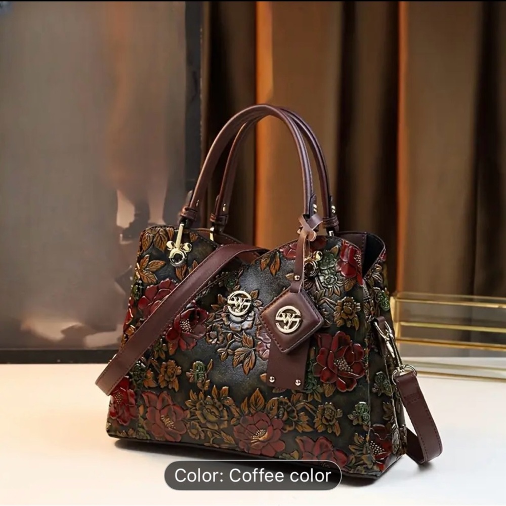Floral Embossed Leather Shoulder Bag - Coffee - Picture 8 of 10